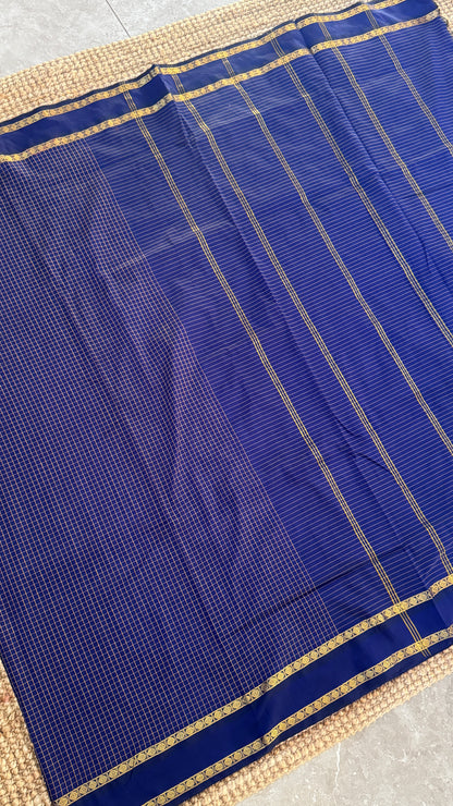Purely Hand-Woven - Royal Blue checkered traditional Saree