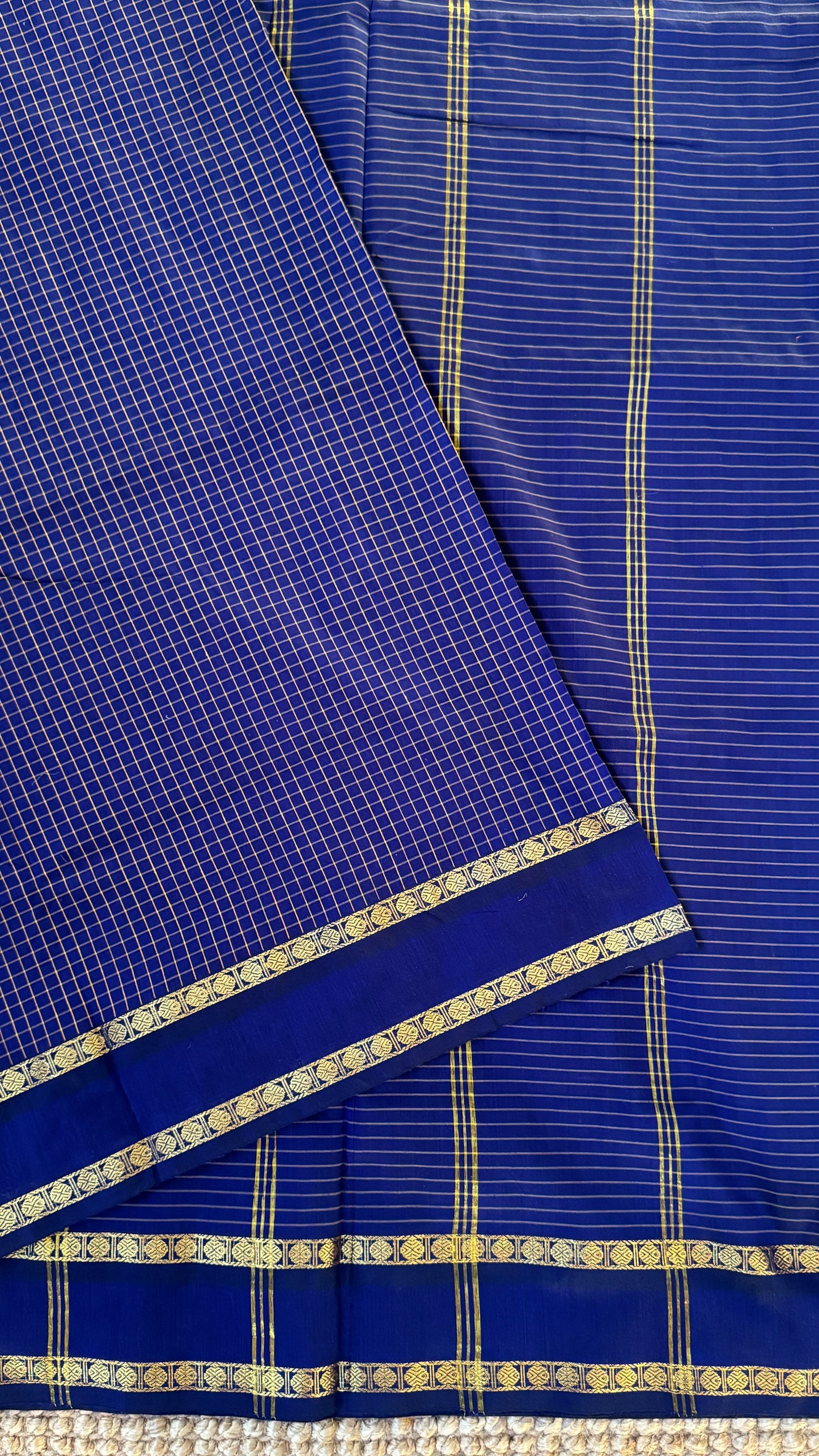Purely Hand-Woven - Royal Blue checkered traditional Saree
