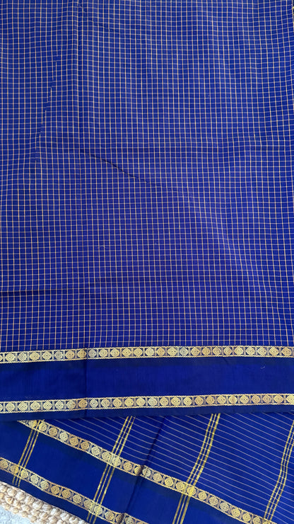Purely Hand-Woven - Royal Blue checkered traditional Saree