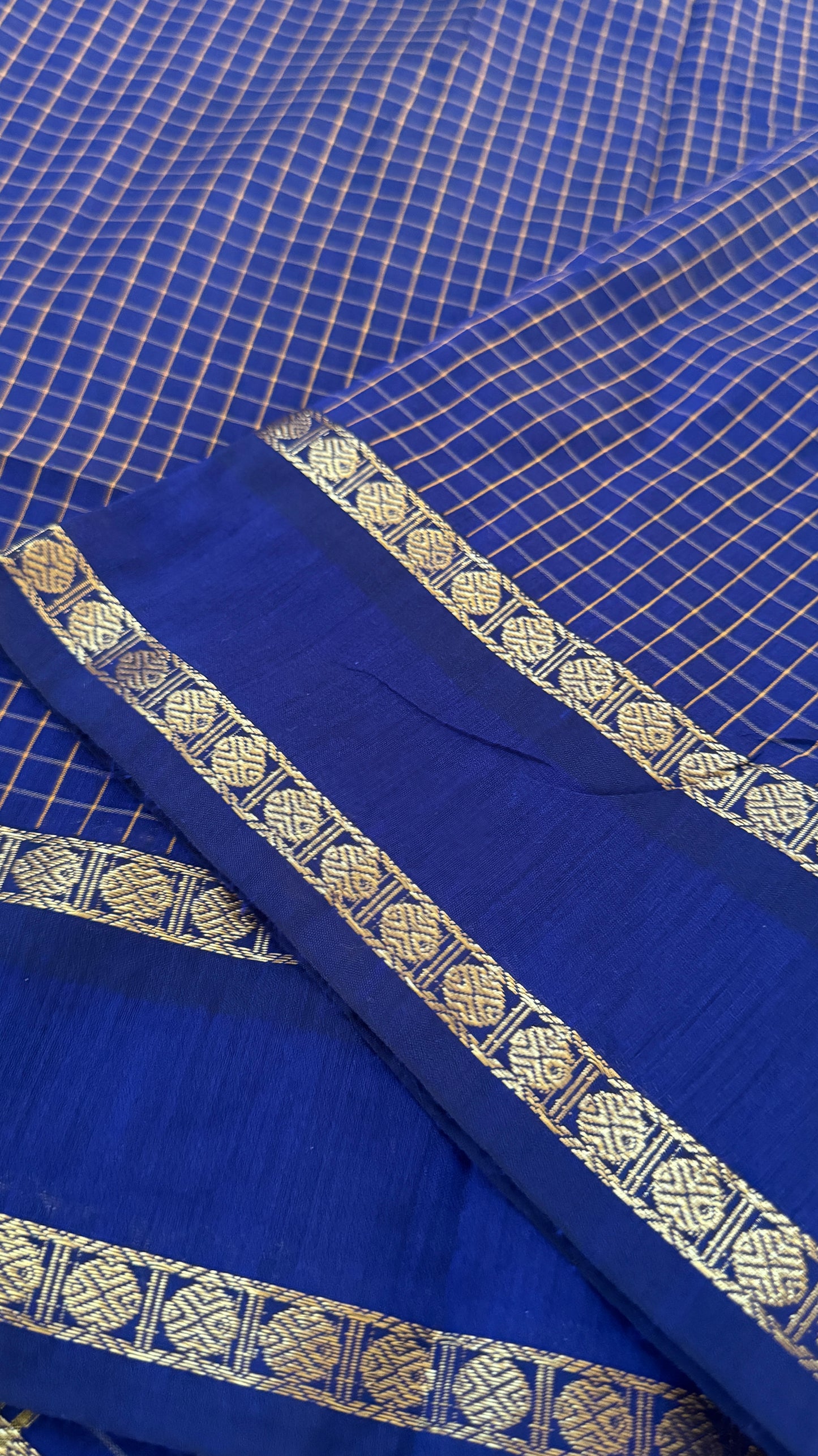 Purely Hand-Woven - Royal Blue checkered traditional Saree