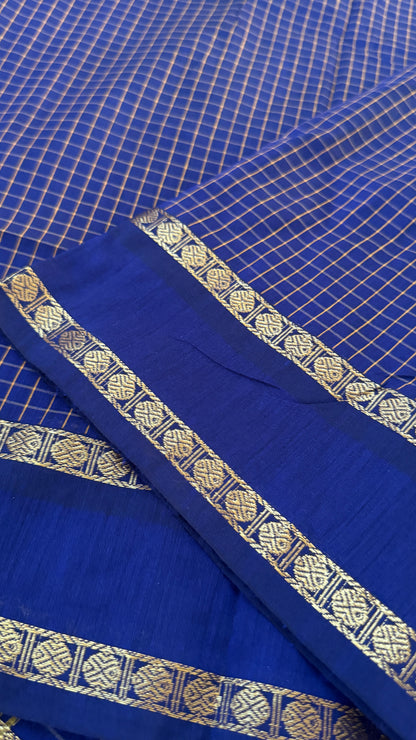 Purely Hand-Woven - Royal Blue checkered traditional Saree