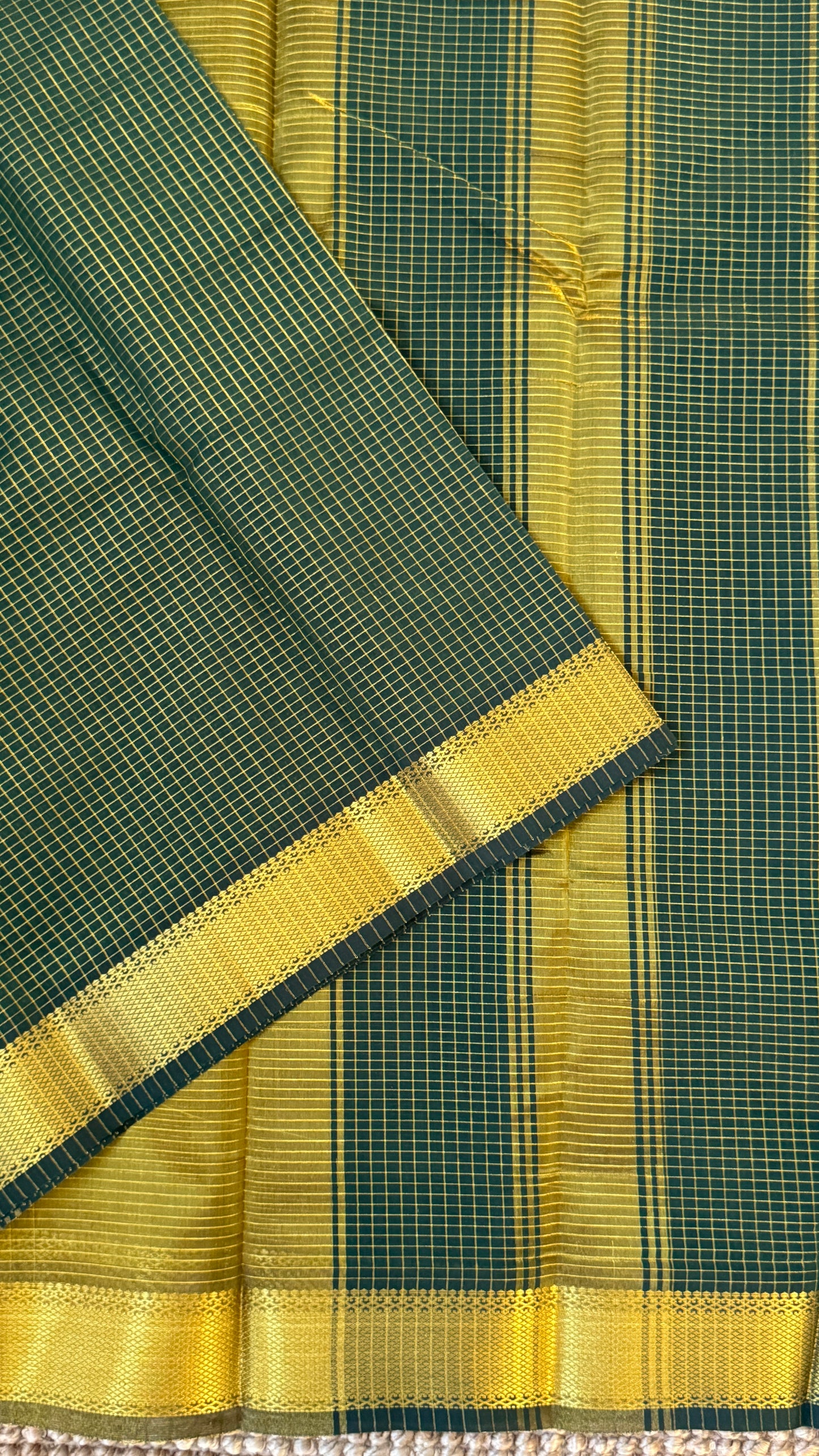 Purely Hand-Woven - Bottle Green checkered traditional Tissue Silk Saree
