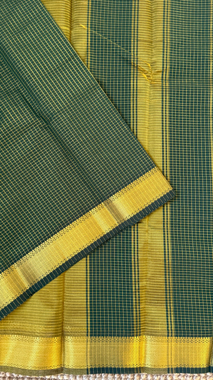 Purely Hand-Woven - Bottle Green checkered traditional Tissue Silk Saree