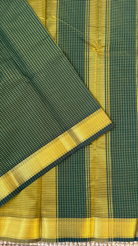 Purely Hand-Woven - Bottle Green checkered traditional Tissue Silk Saree