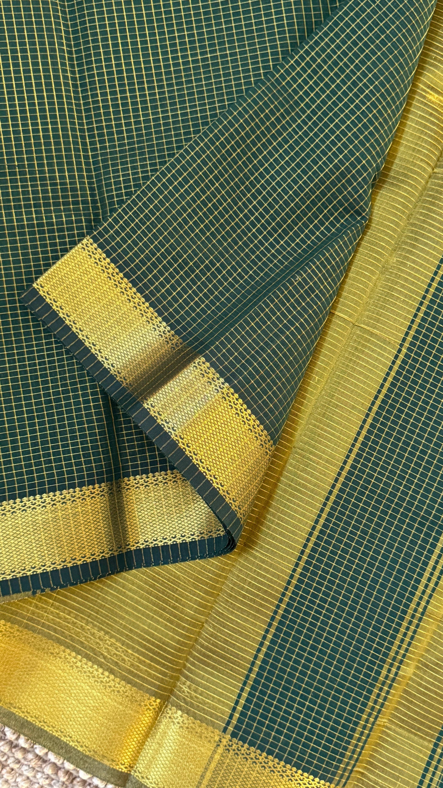 Purely Hand-Woven - Bottle Green checkered traditional Tissue Silk Saree