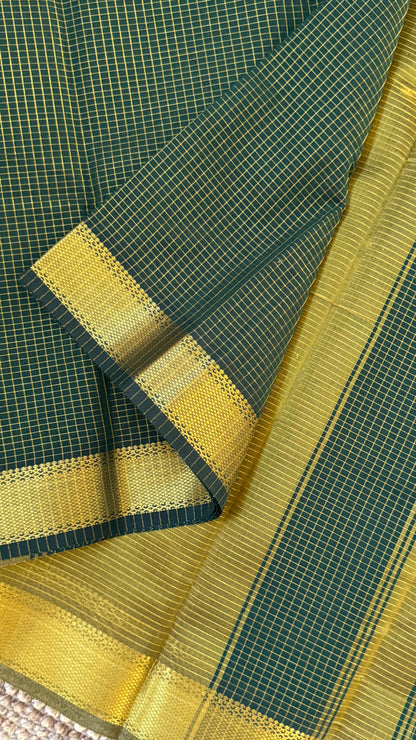 Purely Hand-Woven - Bottle Green checkered traditional Tissue Silk Saree
