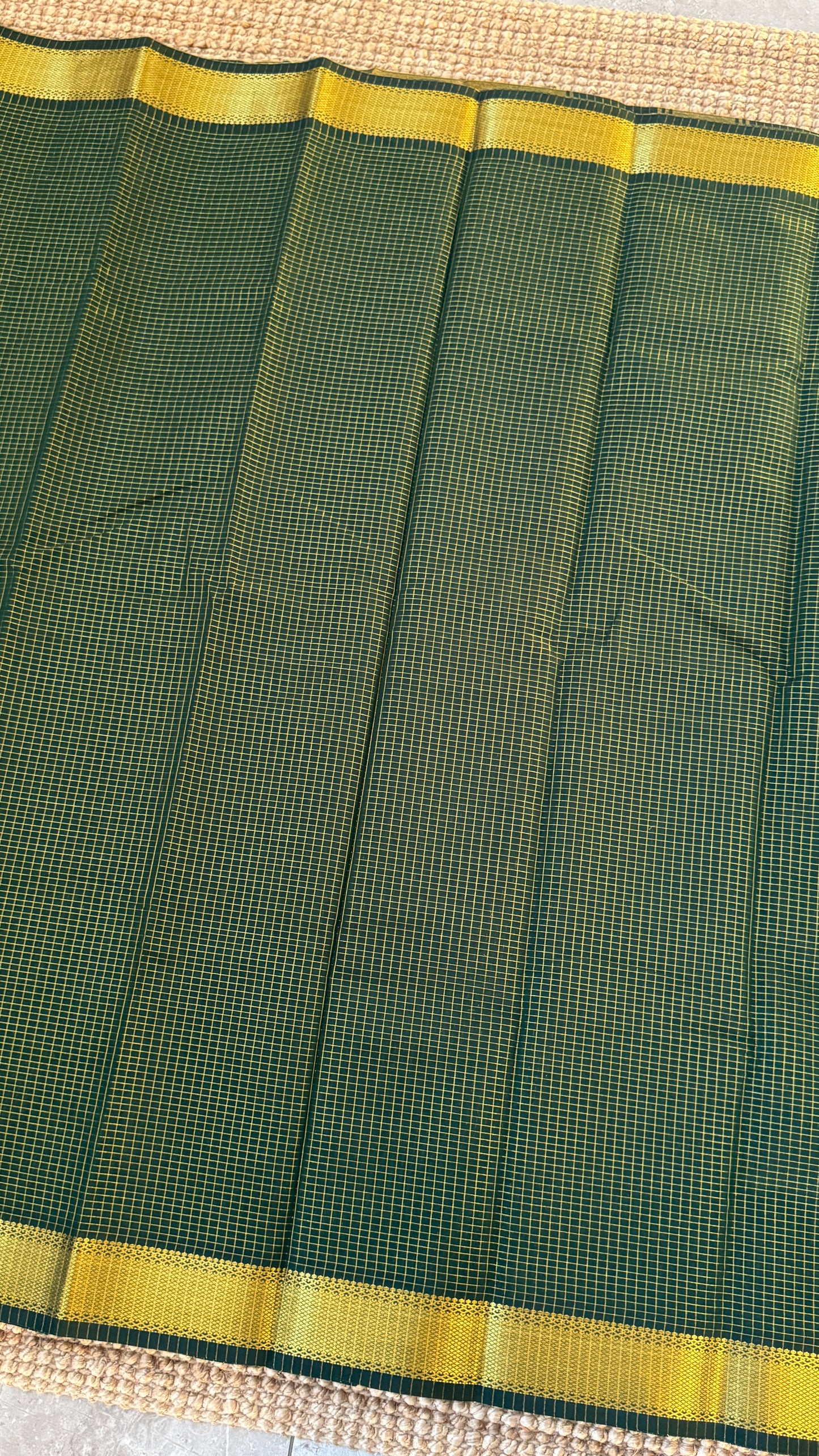 Purely Hand-Woven - Bottle Green checkered traditional Tissue Silk Saree