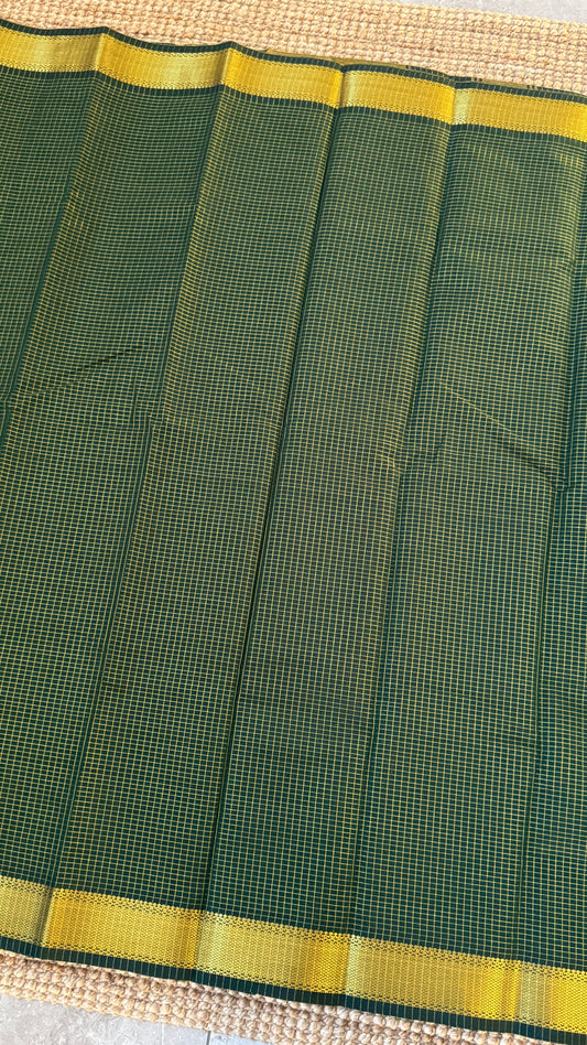 Purely Hand-Woven - Bottle Green checkered traditional Tissue Silk Saree