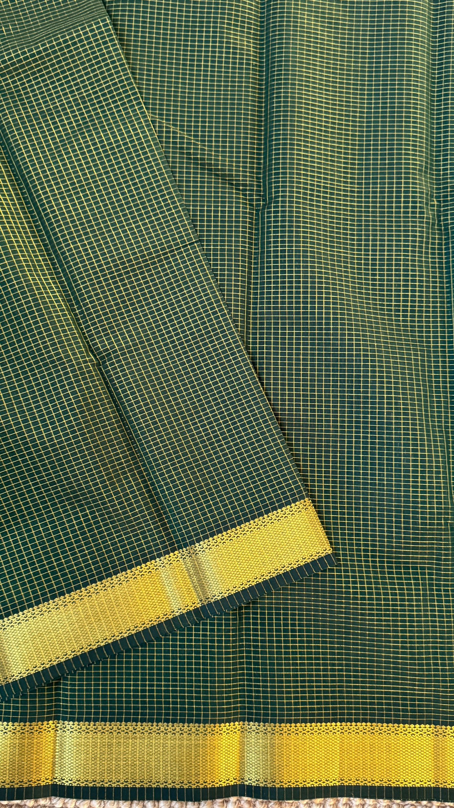 Purely Hand-Woven - Bottle Green checkered traditional Tissue Silk Saree