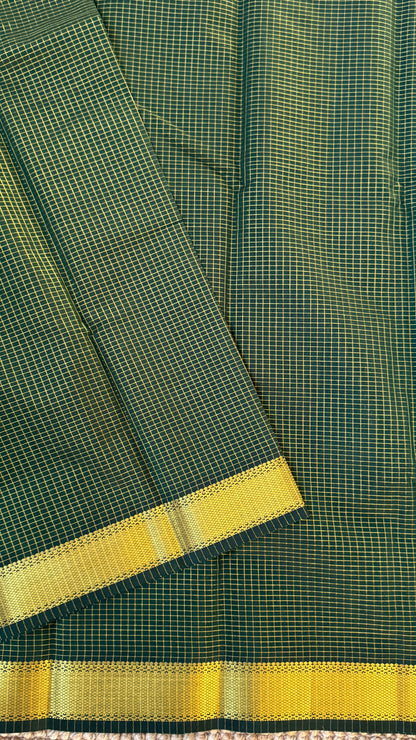 Purely Hand-Woven - Bottle Green checkered traditional Tissue Silk Saree