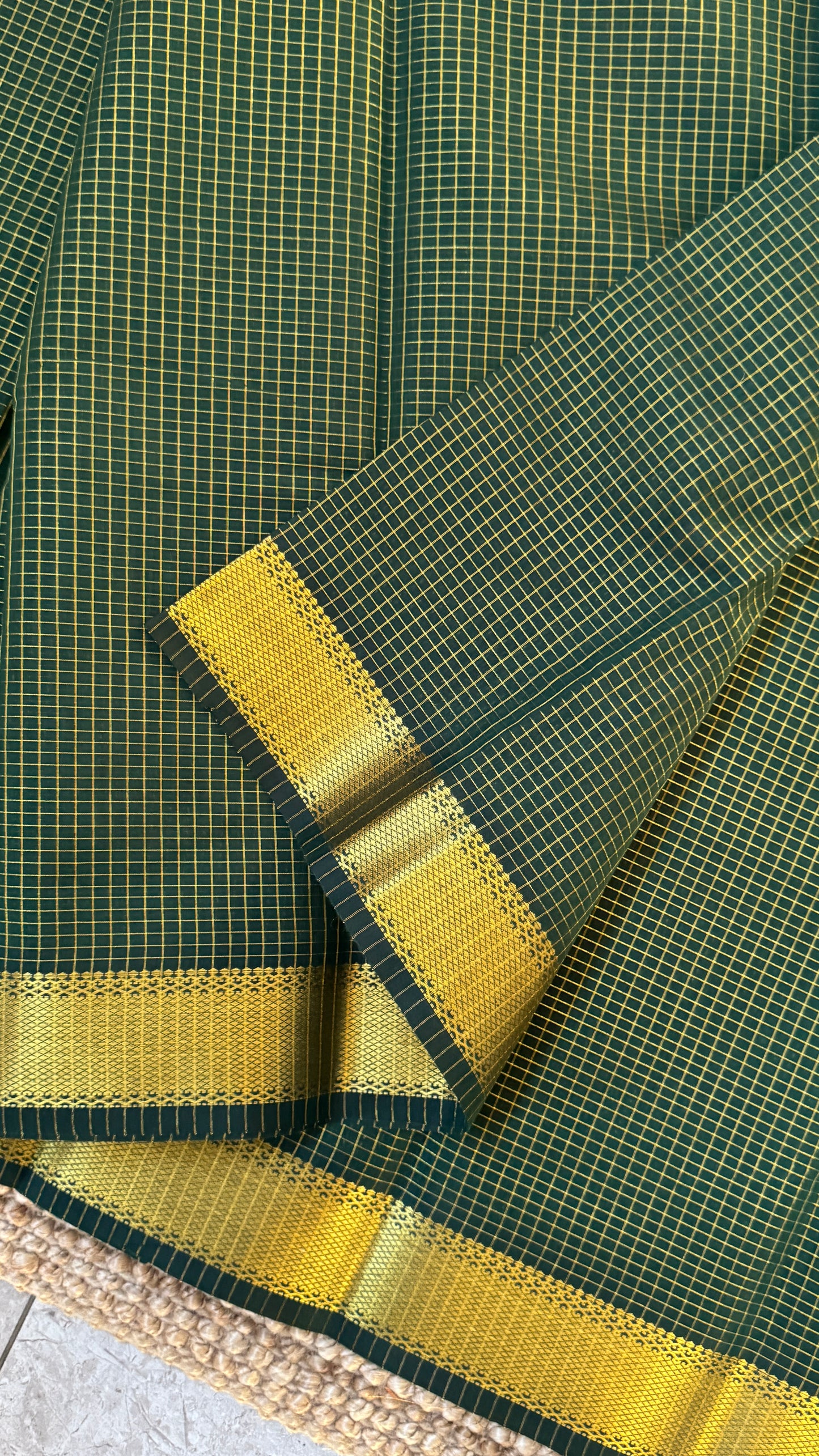 Purely Hand-Woven - Bottle Green checkered traditional Tissue Silk Saree