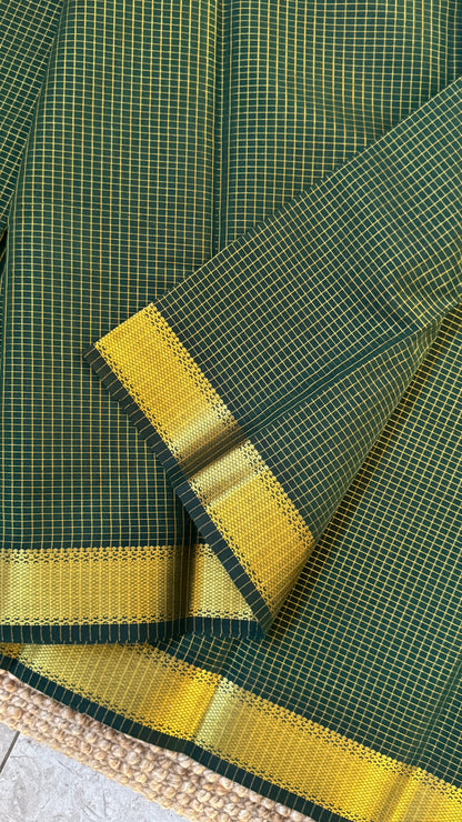 Purely Hand-Woven - Bottle Green checkered traditional Tissue Silk Saree
