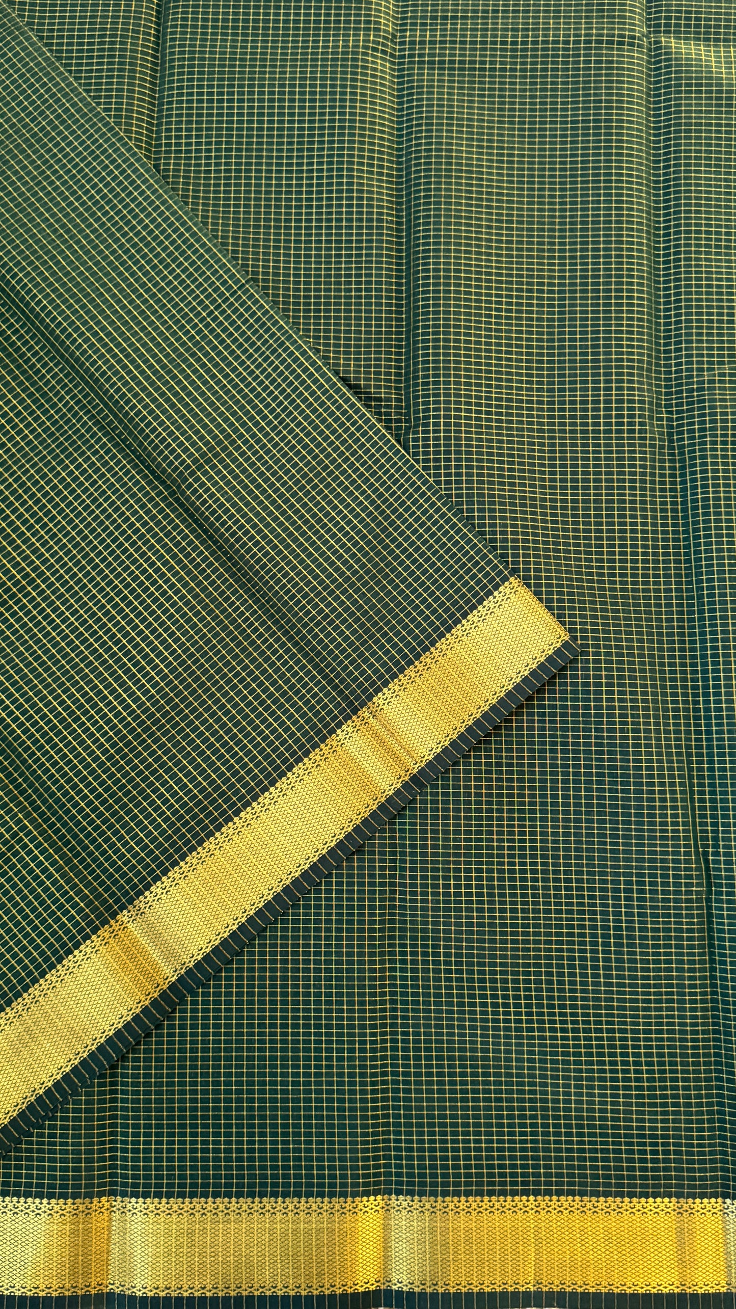 Purely Hand-Woven - Bottle Green checkered traditional Tissue Silk Saree