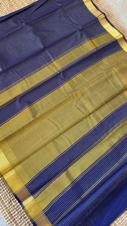 Purely Hand-Woven - Royal Blue checkered traditional Tissue Silk Saree