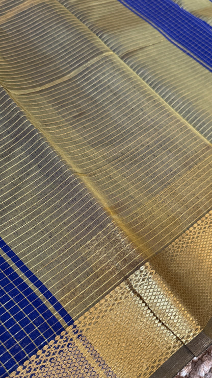 Purely Hand-Woven - Royal Blue checkered traditional Tissue Silk Saree