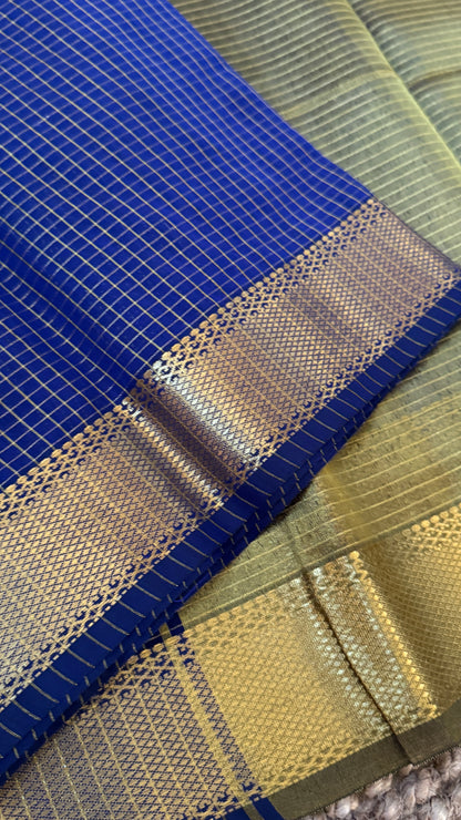 Purely Hand-Woven - Royal Blue checkered traditional Tissue Silk Saree