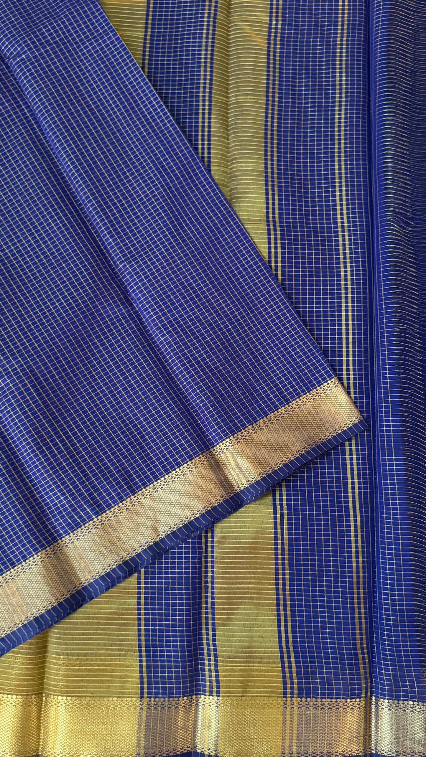 Purely Hand-Woven - Royal Blue checkered traditional Tissue Silk Saree