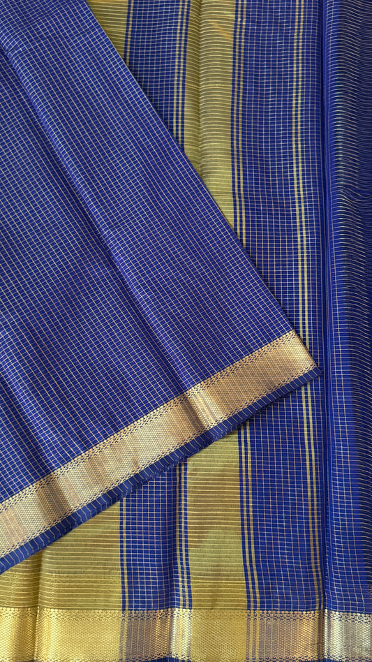 Purely Hand-Woven - Royal Blue checkered traditional Tissue Silk Saree