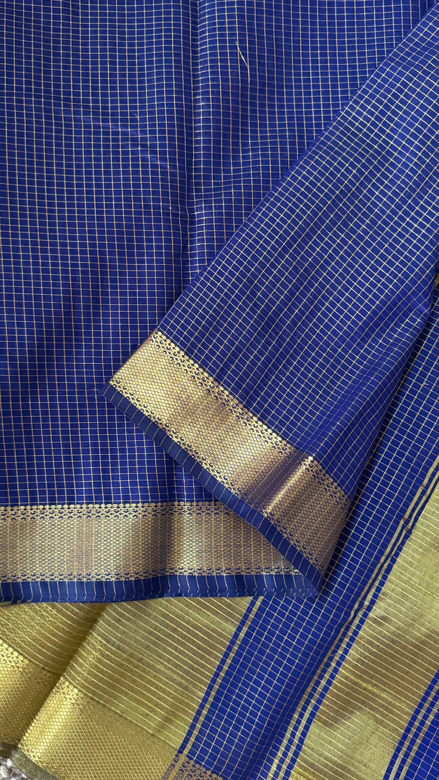 Purely Hand-Woven - Royal Blue checkered traditional Tissue Silk Saree