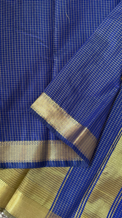 Purely Hand-Woven - Royal Blue checkered traditional Tissue Silk Saree