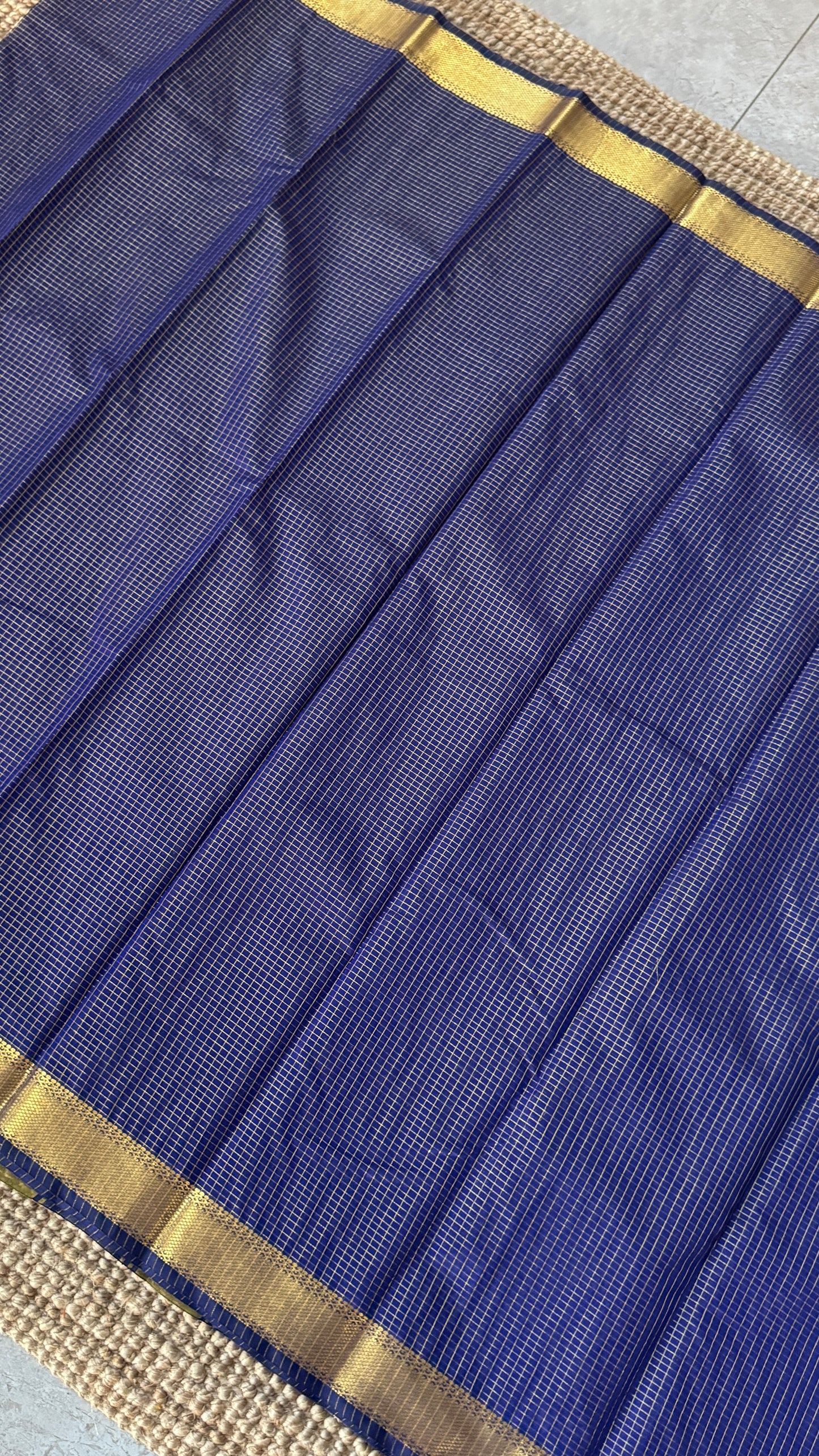 Purely Hand-Woven - Royal Blue checkered traditional Tissue Silk Saree