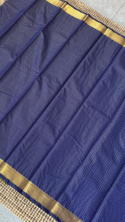 Purely Hand-Woven - Royal Blue checkered traditional Tissue Silk Saree