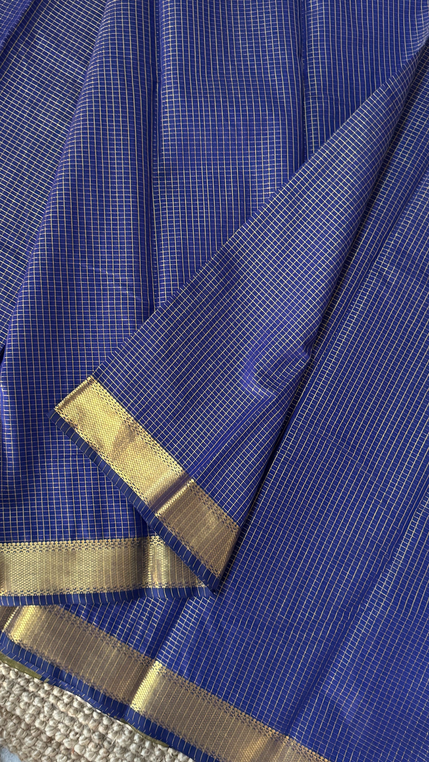 Purely Hand-Woven - Royal Blue checkered traditional Tissue Silk Saree