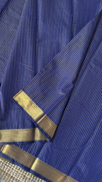 Purely Hand-Woven - Royal Blue checkered traditional Tissue Silk Saree