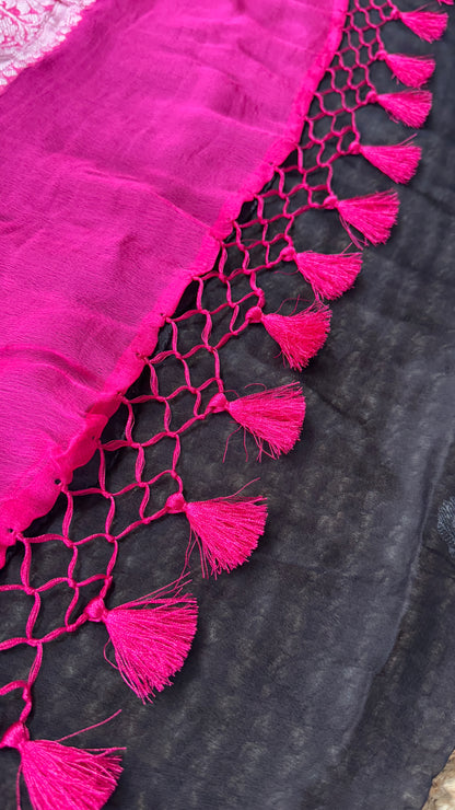 Pure Khaddi Chiffon Banarasi Silk Saree – Black and Pink contrast