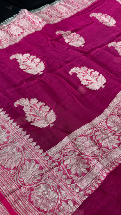 Pure Khaddi Chiffon Banarasi Silk Saree – Black and Pink contrast