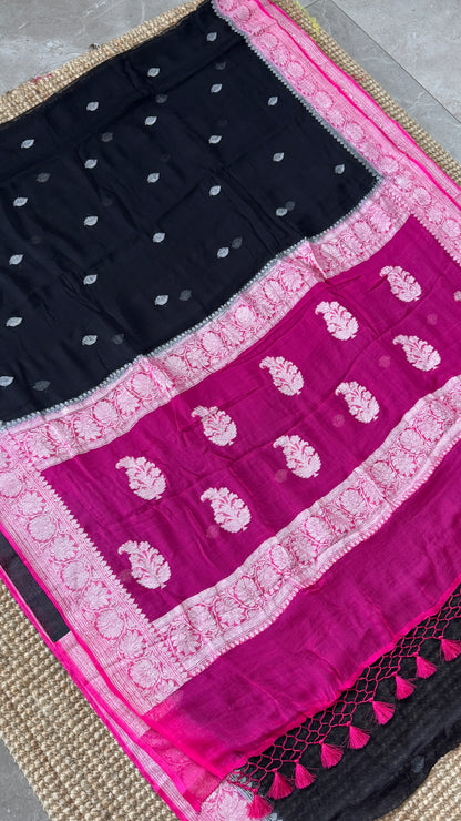 Pure Khaddi Chiffon Banarasi Silk Saree – Black and Pink contrast