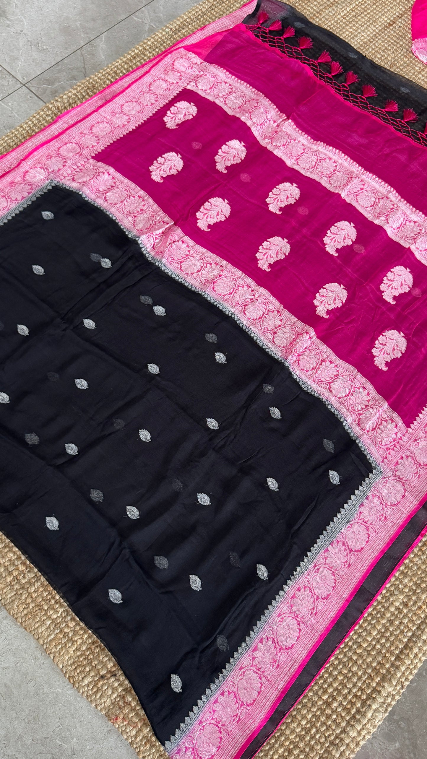 Pure Khaddi Chiffon Banarasi Silk Saree – Black and Pink contrast