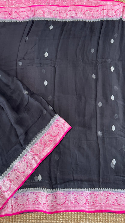 Pure Khaddi Chiffon Banarasi Silk Saree – Black and Pink contrast