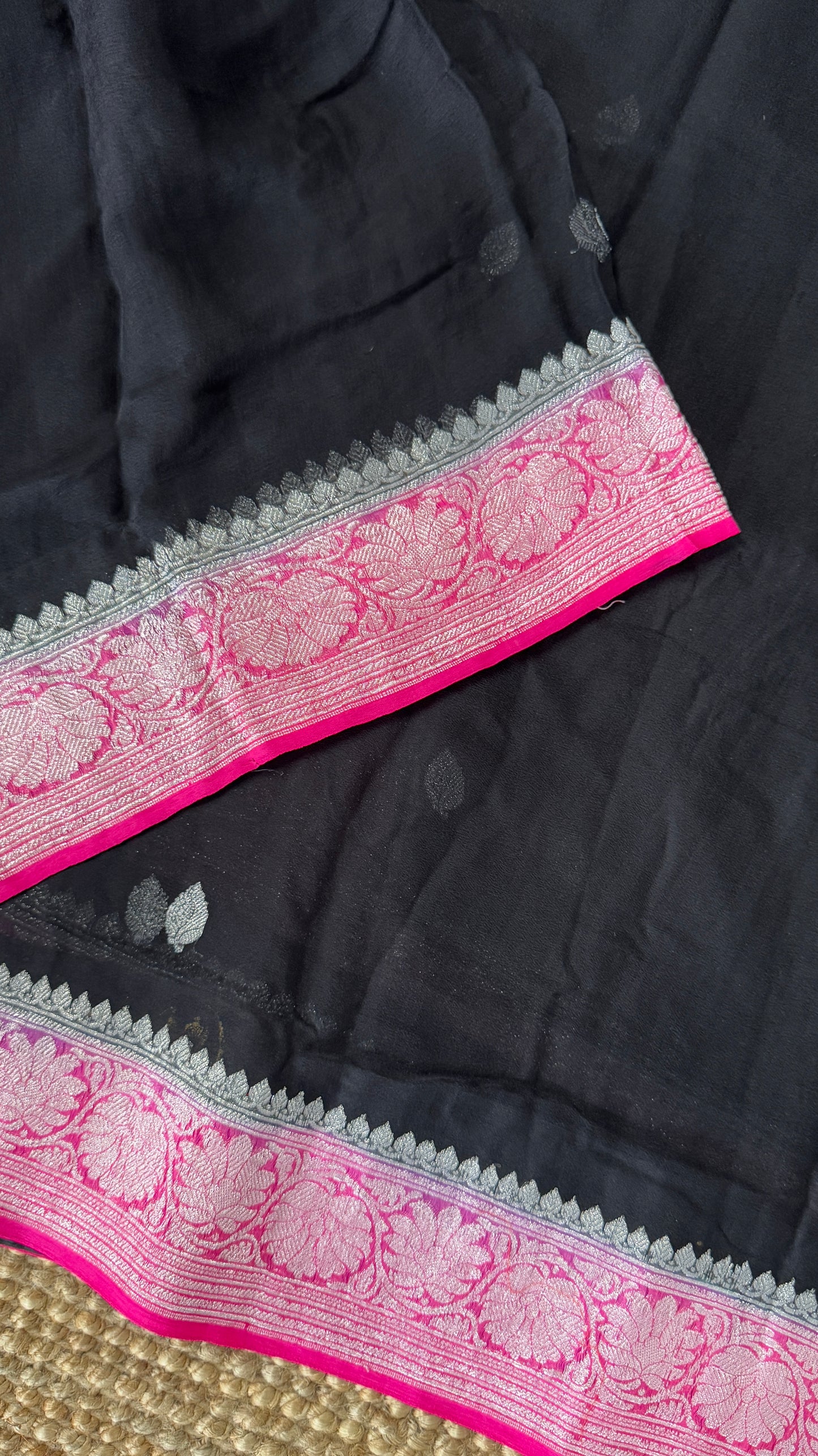 Pure Khaddi Chiffon Banarasi Silk Saree – Black and Pink contrast
