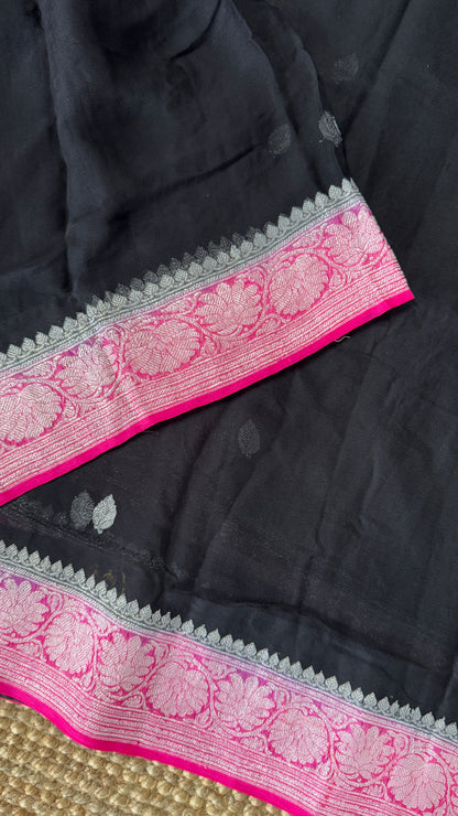 Pure Khaddi Chiffon Banarasi Silk Saree – Black and Pink contrast