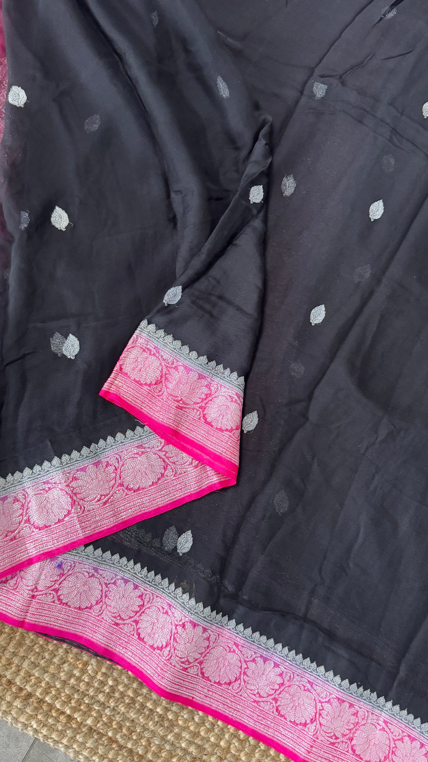 Pure Khaddi Chiffon Banarasi Silk Saree – Black and Pink contrast