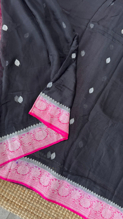 Pure Khaddi Chiffon Banarasi Silk Saree – Black and Pink contrast