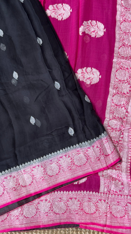 Pure Khaddi Chiffon Banarasi Silk Saree – Black and Pink contrast