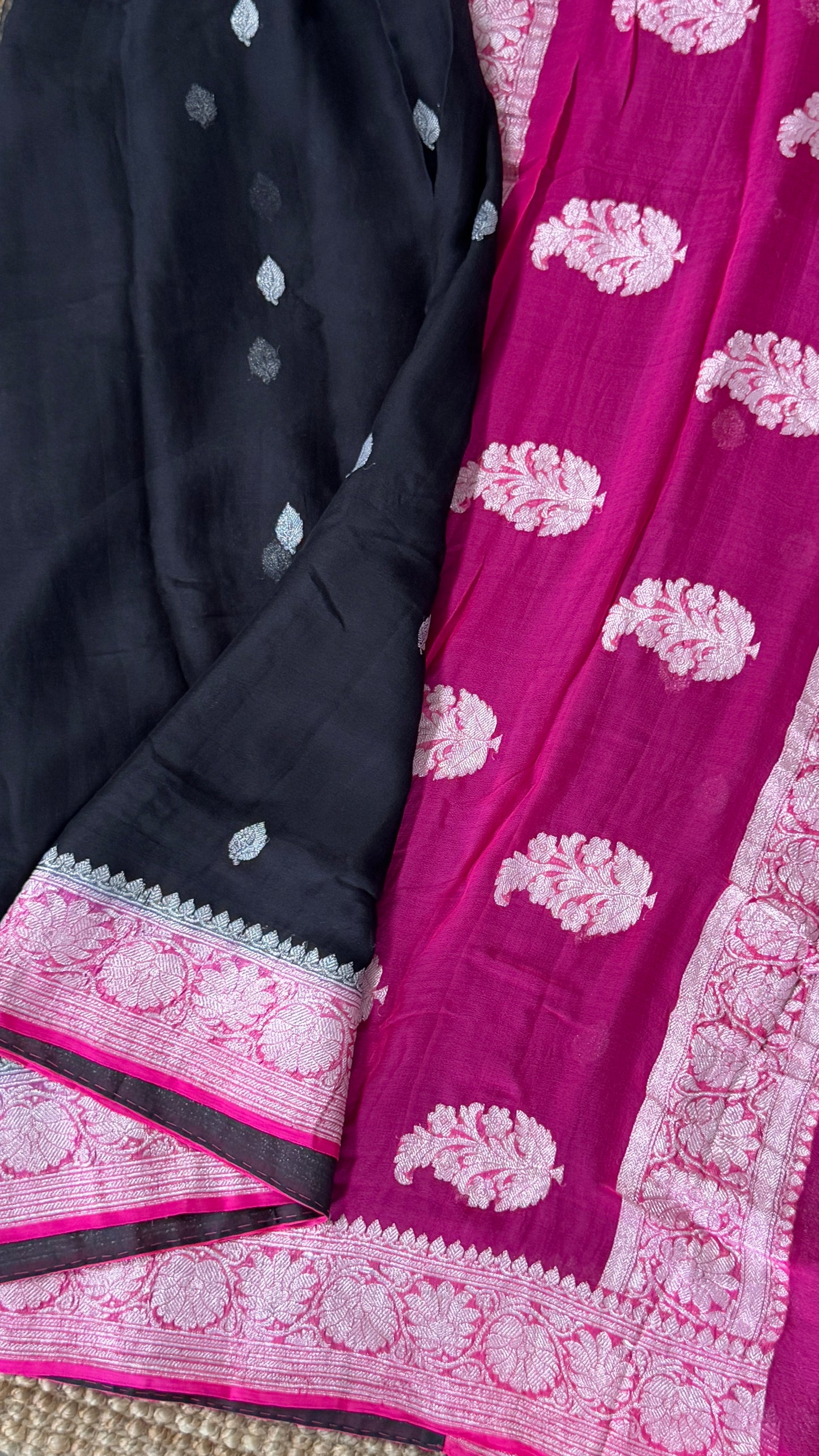 Pure Khaddi Chiffon Banarasi Silk Saree – Black and Pink contrast