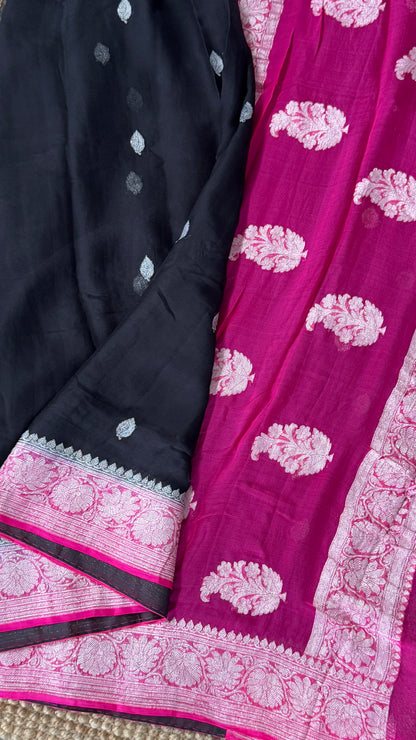 Pure Khaddi Chiffon Banarasi Silk Saree – Black and Pink contrast
