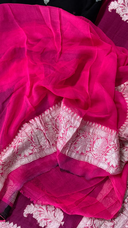 Pure Khaddi Chiffon Banarasi Silk Saree – Black and Pink contrast