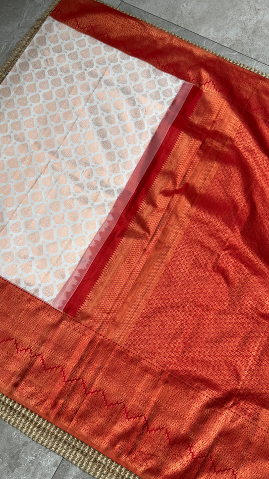 Bridal KANJIVARAM PURE SILK HANDLOOM SAREE in White and Deep Red
