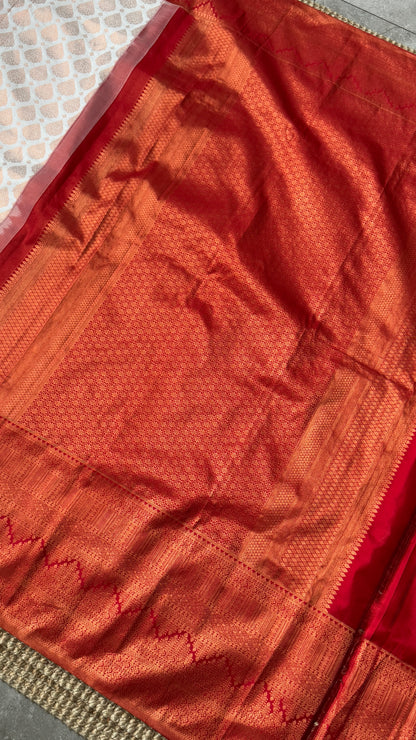 Bridal KANJIVARAM PURE SILK HANDLOOM SAREE in White and Deep Red