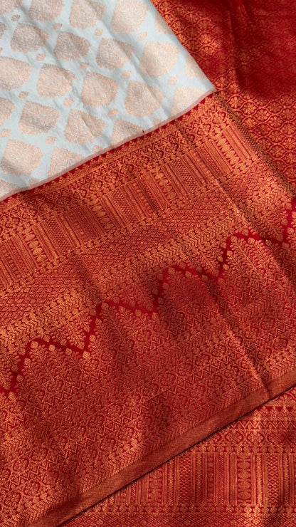 Bridal KANJIVARAM PURE SILK HANDLOOM SAREE in White and Deep Red