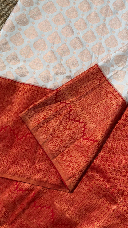 Bridal KANJIVARAM PURE SILK HANDLOOM SAREE in White and Deep Red
