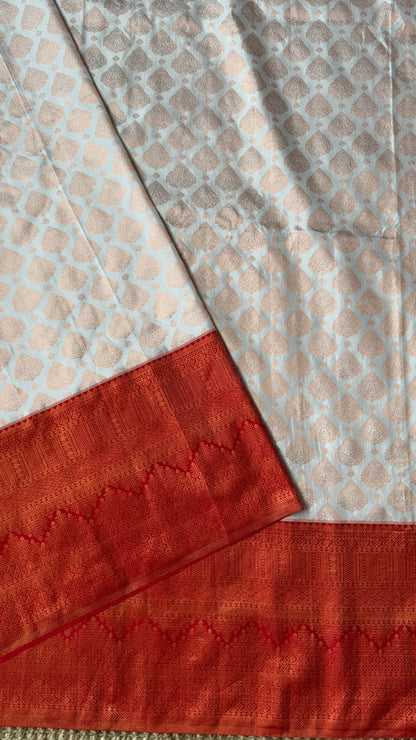 Bridal KANJIVARAM PURE SILK HANDLOOM SAREE in White and Deep Red