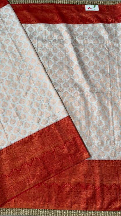 Bridal KANJIVARAM PURE SILK HANDLOOM SAREE in White and Deep Red