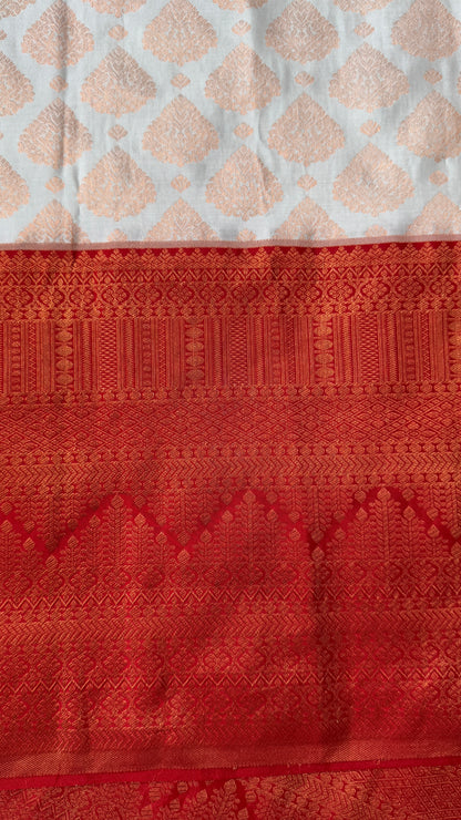 Bridal KANJIVARAM PURE SILK HANDLOOM SAREE in White and Deep Red