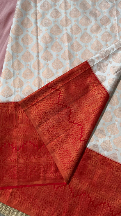 Bridal KANJIVARAM PURE SILK HANDLOOM SAREE in White and Deep Red