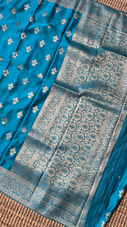 Elegant Georgette Crepe Silk Saree with Antique Gold Banarasi Borders - Blue